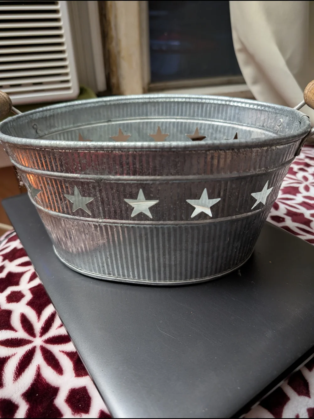 India Handcrafted Galvanized Star-Accent Metal Tub Basket